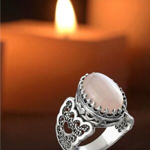 925 Silver and‎ White Gemstone Double Heart Rose Quartz Ring- Handmade Filigree